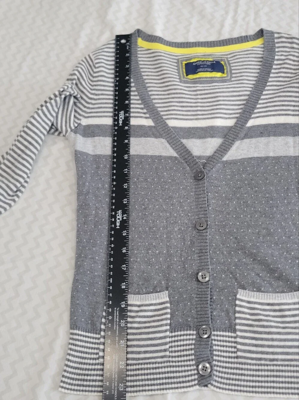 American Eagle Outfitters Gray & White Striped V-Neck Button Cardigan - Picture 5 of 10